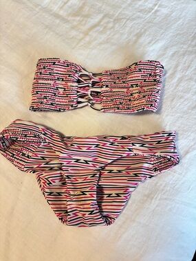 Tori Praver Swimwear Pink Black White Patterned Bandeau Bikini